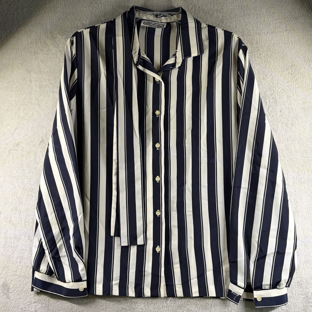 Vintage 70s 80s Navy Stripe Blouse Button Down Silky Plus Size 18 ILGWU USA